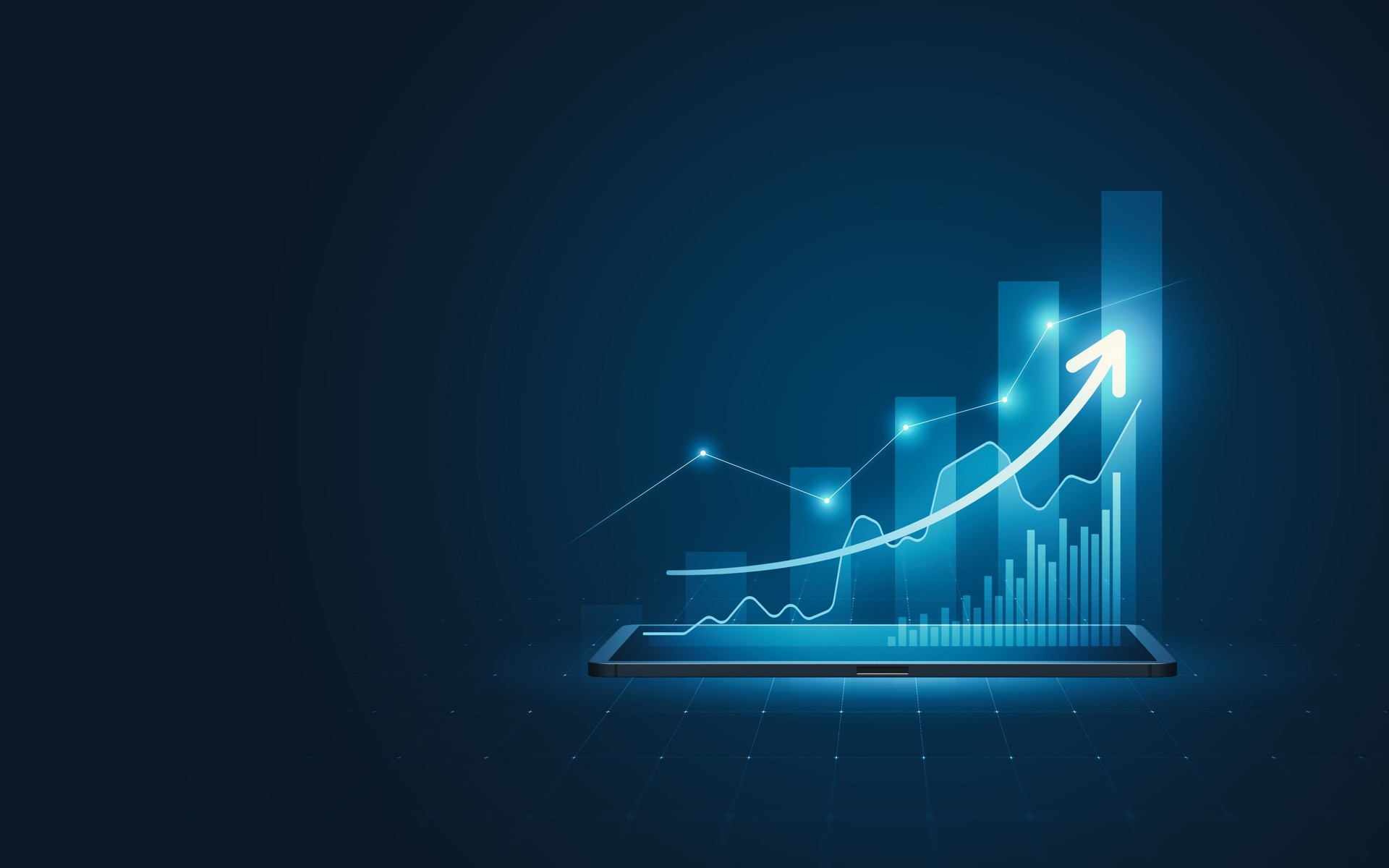 Business 3d tablet virtuale crescita freccia grafico finanziario sulla tecnologia digitale strategia sfondo con dati finanziari marketing grafico analisi report o successo investimento diagramma economia schermo profitto.